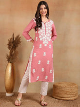 Women Pink Viscose Rayon Solid Embroidered Chikankari Straight Kurta-VCK9776PNK